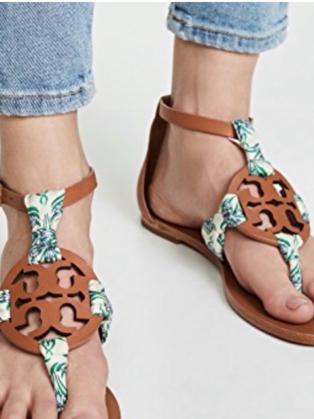 Tory Burch Tan Leather Thong Sandals with Floral-Print Accent